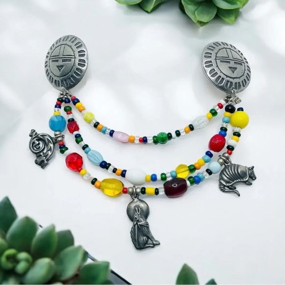 Vintage Beaded Pewter Zuni Sun Sweater Dress Clip signed EGE 89 - Picture 1 of 8